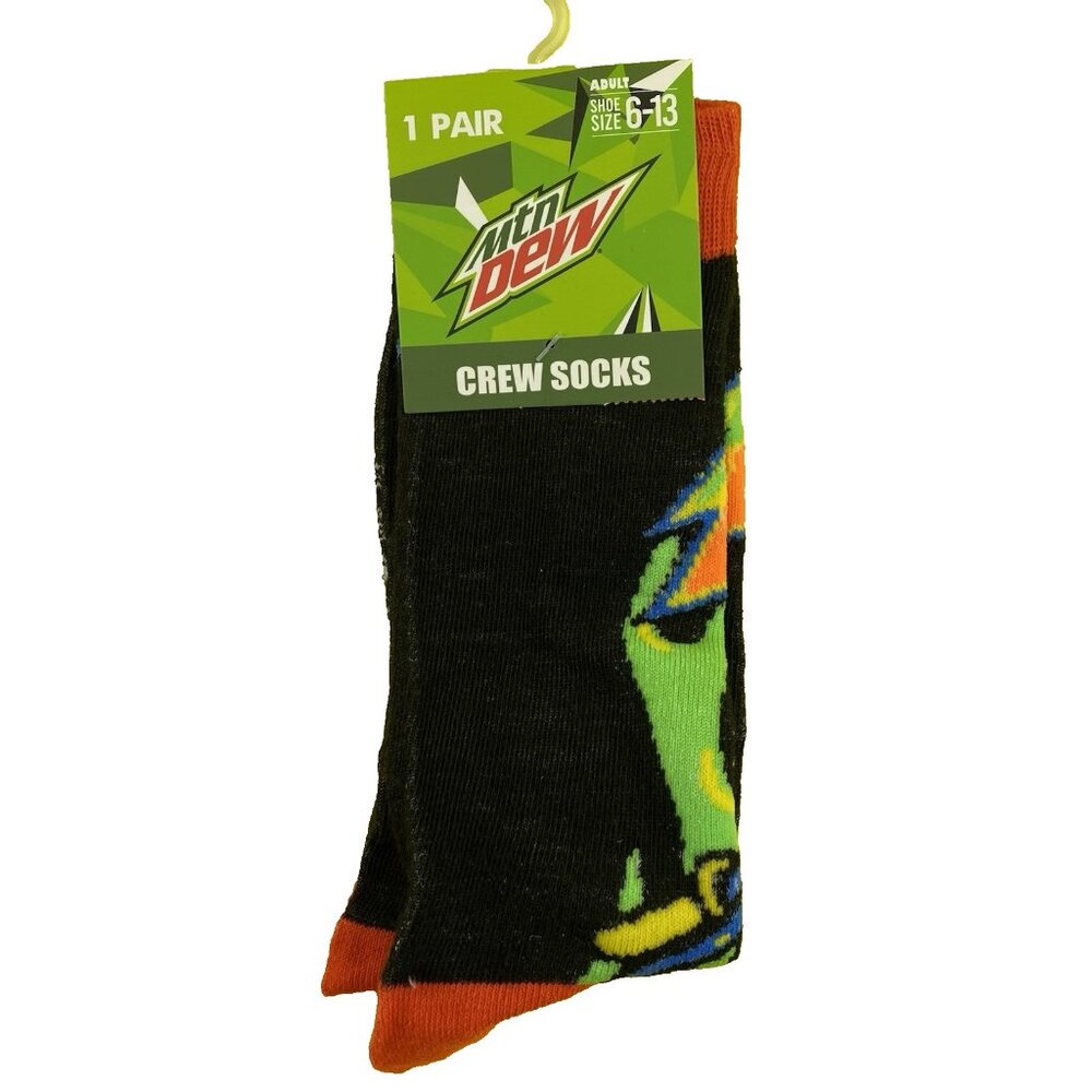 NWT Mtn Dew Mens Size 6-13 Black Green Novelty Graphic Crew Socks Mountain Dew